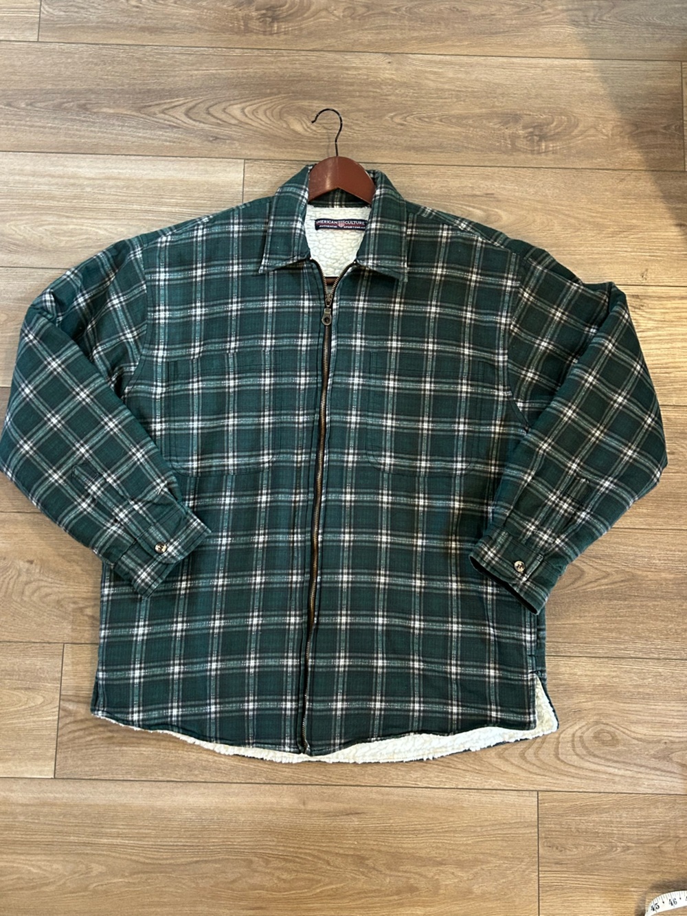 American Culture Sherpa Lined Plaid Jacket Green Full Zip Size Large